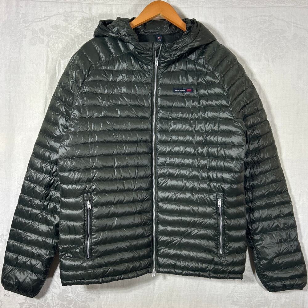 Abercrombie Fitch Jacket XL Full Zip Army Green Down Filled Quilted Hood Puffer - Picture 1 of 16